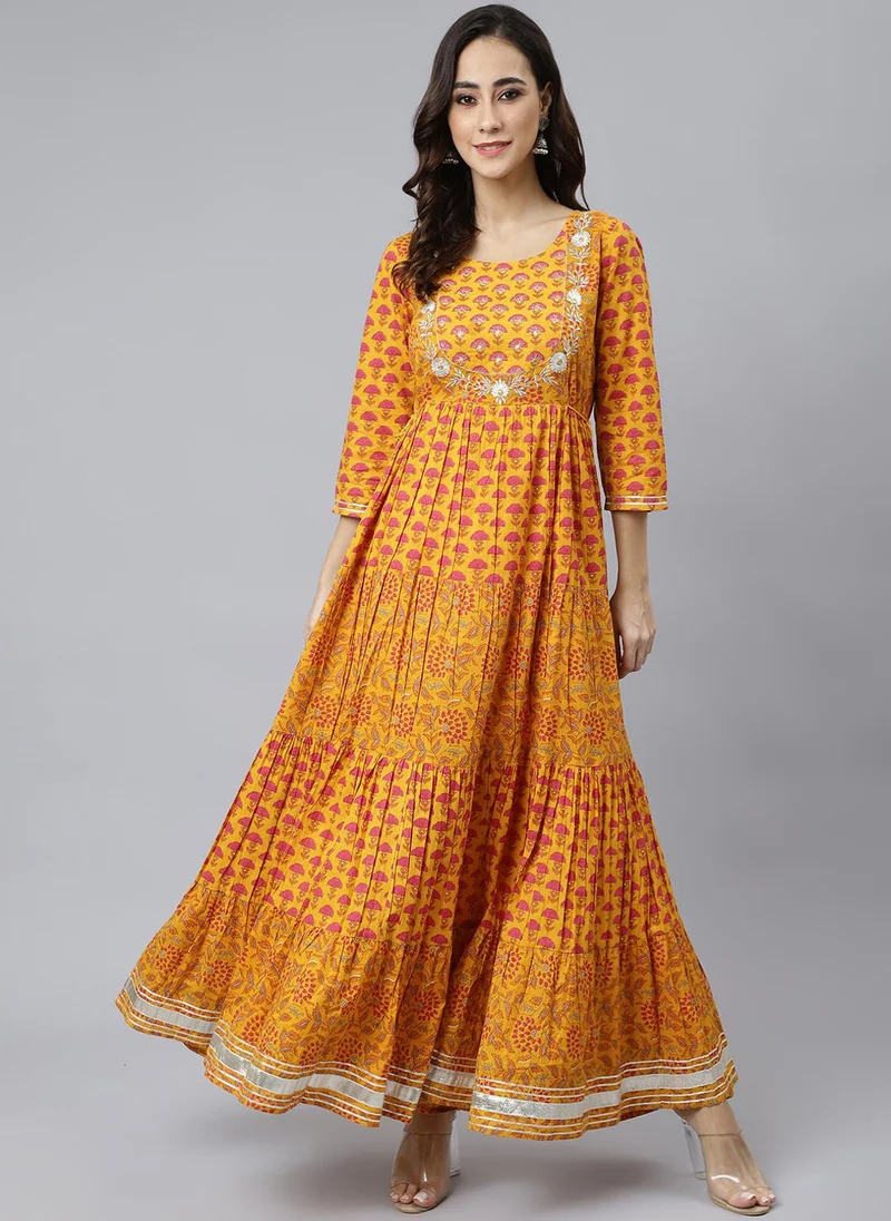 ZERESOUQ Mustard Cotton Floral Print Flared Kurta